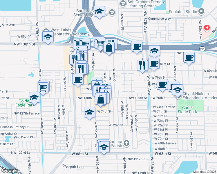 map of restaurants, bars, coffee shops, grocery stores, and more near 7746 West 30th Lane in Hialeah