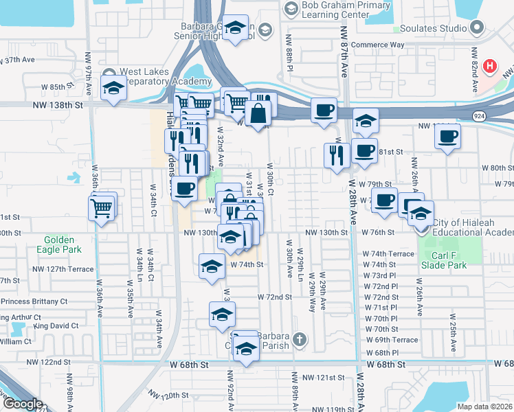 map of restaurants, bars, coffee shops, grocery stores, and more near 7746 West 30th Lane in Hialeah
