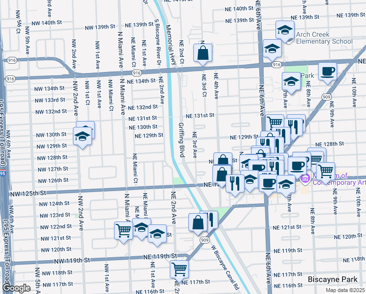 map of restaurants, bars, coffee shops, grocery stores, and more near 12800 Northeast 3rd Avenue in North Miami