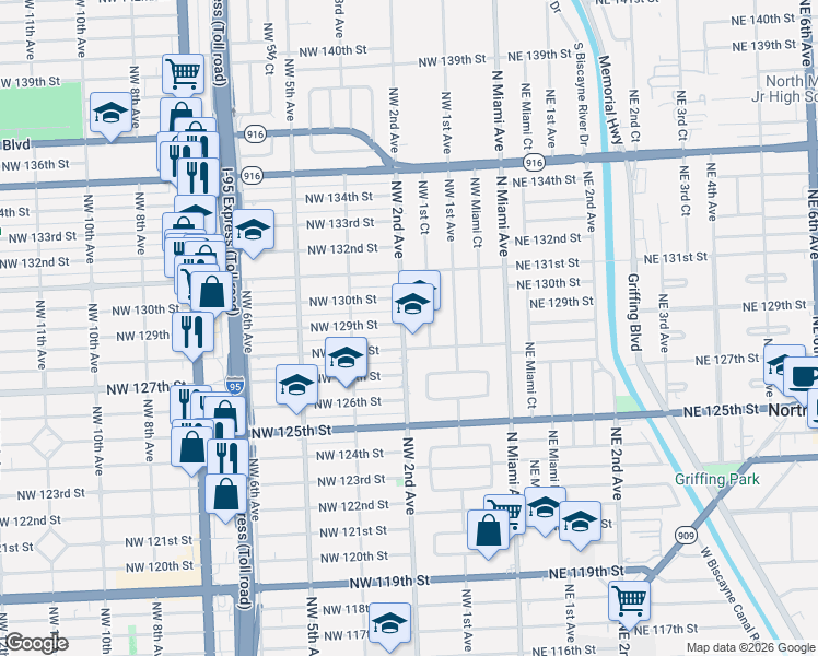 map of restaurants, bars, coffee shops, grocery stores, and more near 12840 Northwest 1st Court in Miami