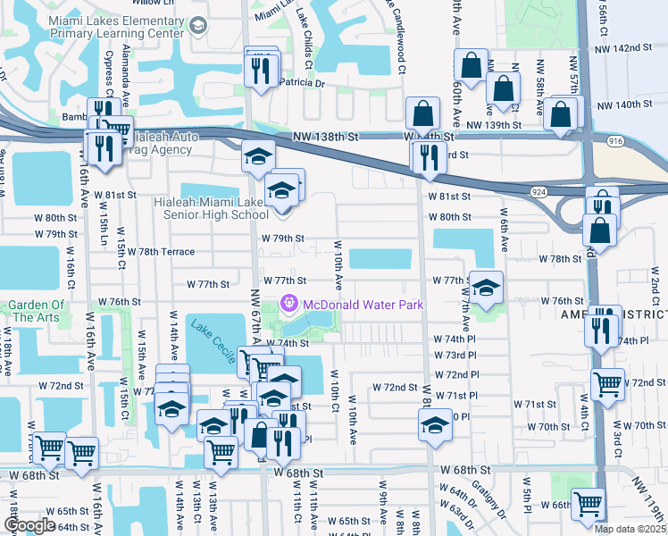 map of restaurants, bars, coffee shops, grocery stores, and more near 7765 West 10th Avenue in Hialeah