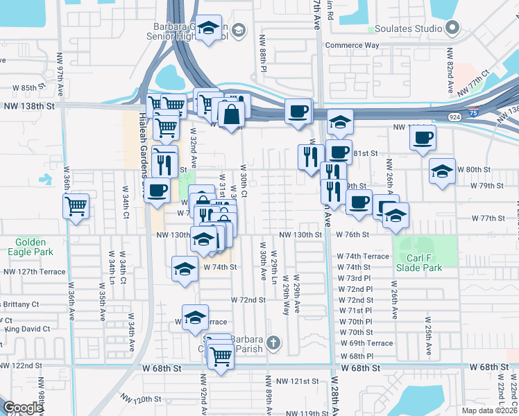 map of restaurants, bars, coffee shops, grocery stores, and more near 7755 West 30th Court in Hialeah