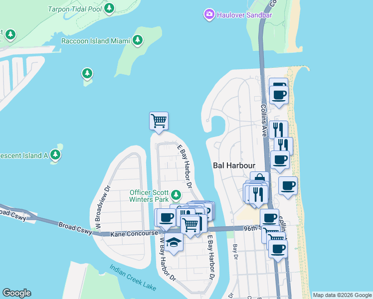 map of restaurants, bars, coffee shops, grocery stores, and more near 10261 East Bay Harbor Drive in Bay Harbor Islands