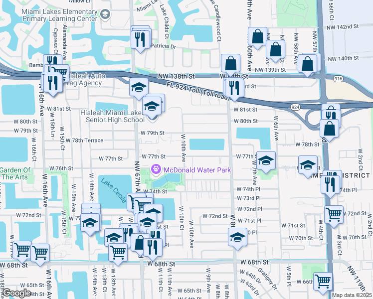 map of restaurants, bars, coffee shops, grocery stores, and more near 7765 West 10th Avenue in Hialeah