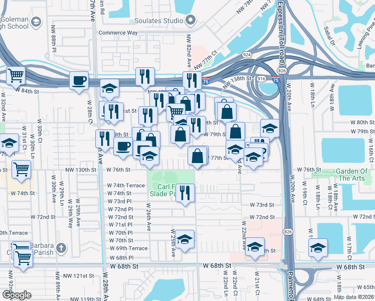 map of restaurants, bars, coffee shops, grocery stores, and more near 2416 West 78th Street in Hialeah