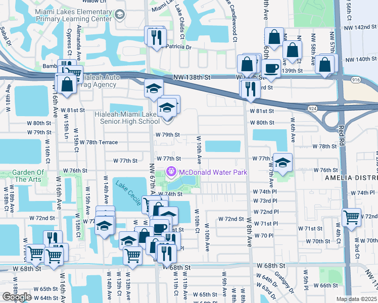 map of restaurants, bars, coffee shops, grocery stores, and more near 1075 West 77th Street in Hialeah