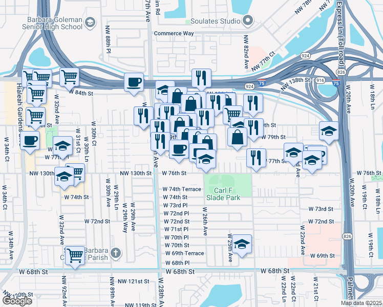 map of restaurants, bars, coffee shops, grocery stores, and more near 2636 West 78th Street in Hialeah