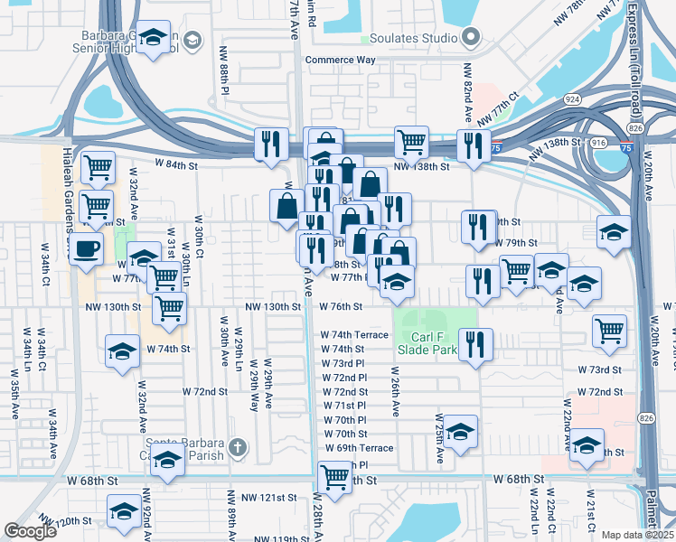 map of restaurants, bars, coffee shops, grocery stores, and more near 2730 West 78th Street in Hialeah