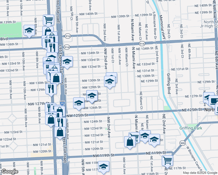 map of restaurants, bars, coffee shops, grocery stores, and more near 12840 Northwest 1st Court in Miami