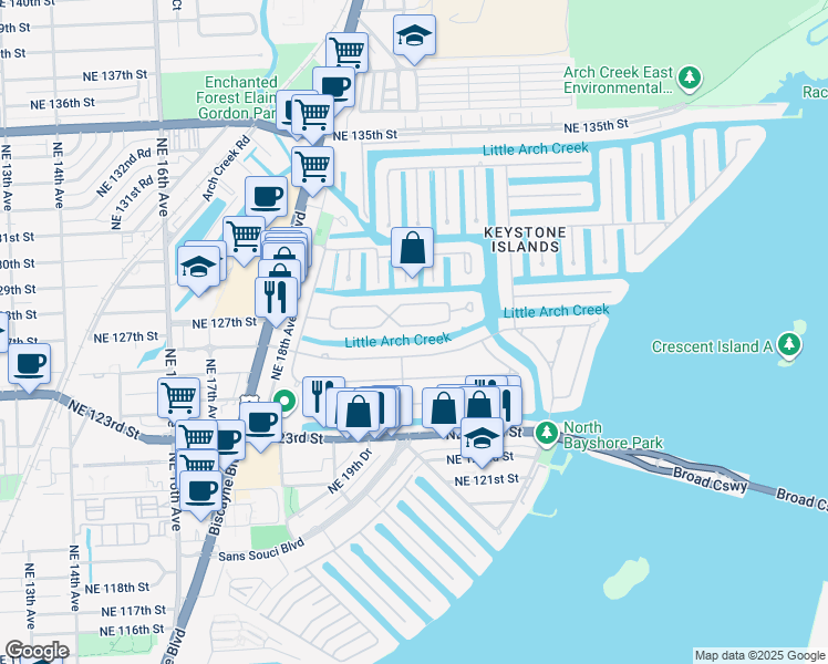 map of restaurants, bars, coffee shops, grocery stores, and more near 2020 South Hibiscus Drive in North Miami