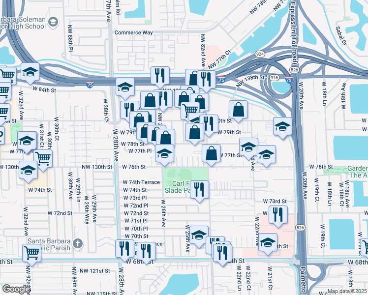 map of restaurants, bars, coffee shops, grocery stores, and more near 2510 West 78th Street in Hialeah