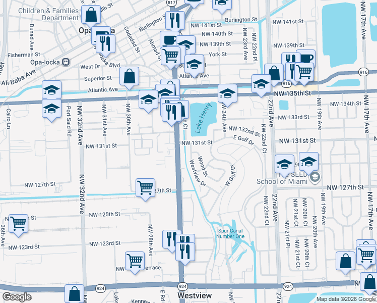 map of restaurants, bars, coffee shops, grocery stores, and more near 13020 Westview Drive in Miami