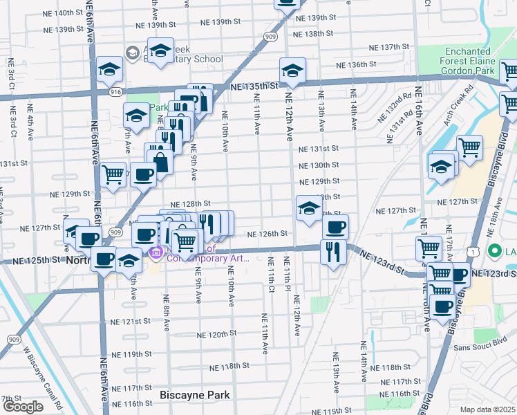 map of restaurants, bars, coffee shops, grocery stores, and more near 12760 Northeast 11th Avenue in North Miami