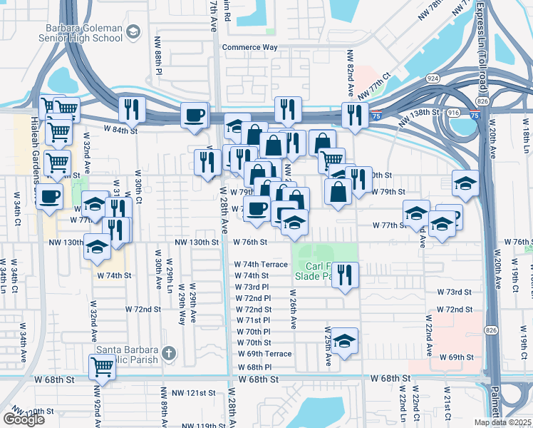 map of restaurants, bars, coffee shops, grocery stores, and more near 2636 West 78th Street in Hialeah