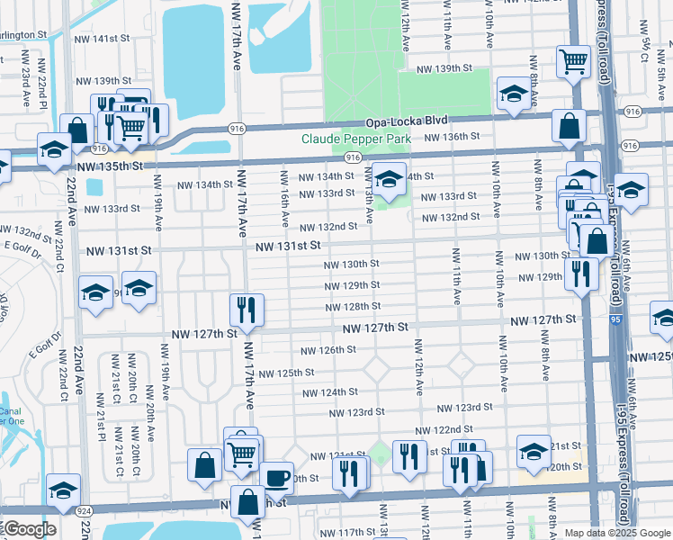 map of restaurants, bars, coffee shops, grocery stores, and more near 1380 Northwest 130th Street in Miami