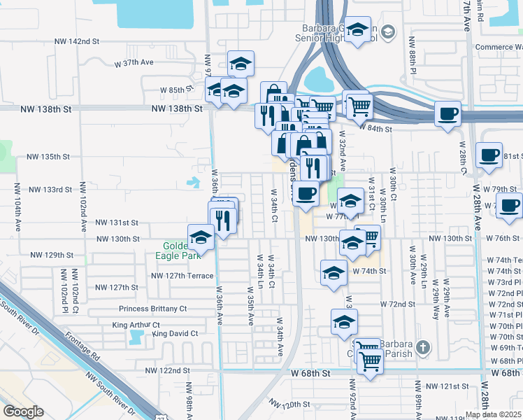 map of restaurants, bars, coffee shops, grocery stores, and more near 7778 West 34th Lane in Hialeah