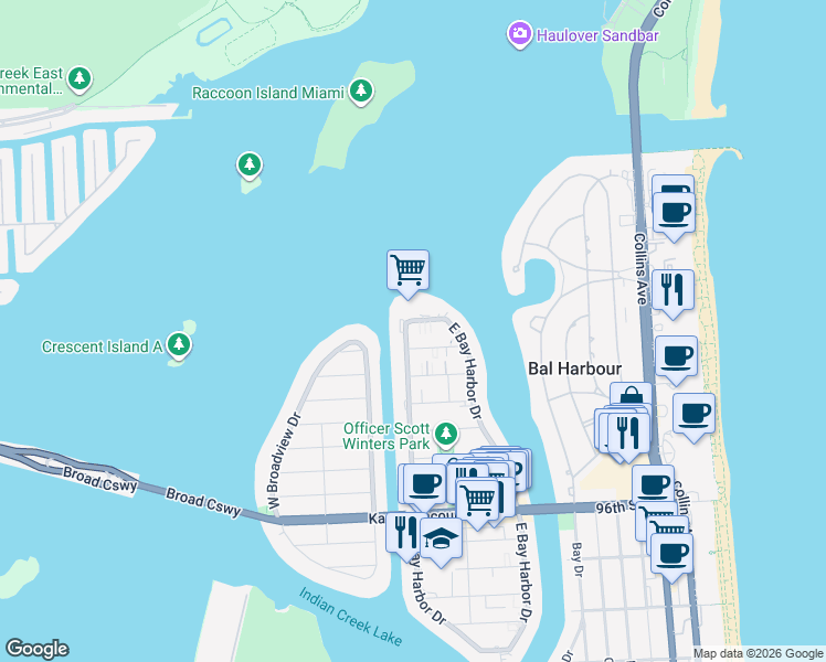map of restaurants, bars, coffee shops, grocery stores, and more near 1170 103rd Street in Bay Harbor Islands