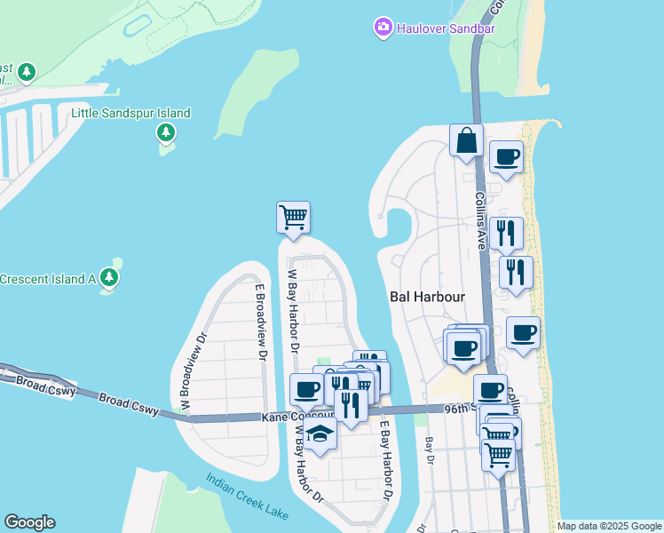 map of restaurants, bars, coffee shops, grocery stores, and more near 10261 East Bay Harbor Drive in Bay Harbor Islands