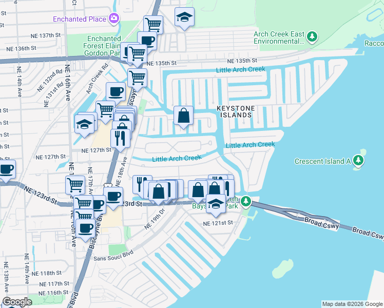 map of restaurants, bars, coffee shops, grocery stores, and more near 2020 South Hibiscus Drive in North Miami