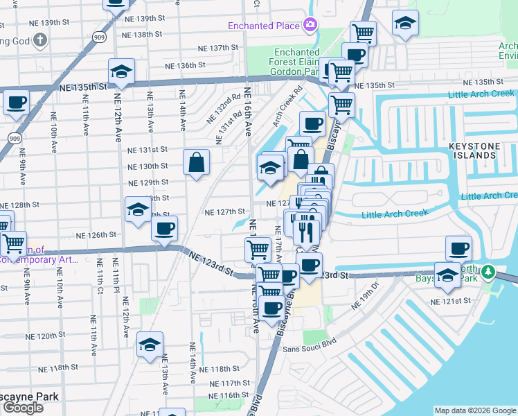 map of restaurants, bars, coffee shops, grocery stores, and more near 22 Northeast 127th Street in North Miami