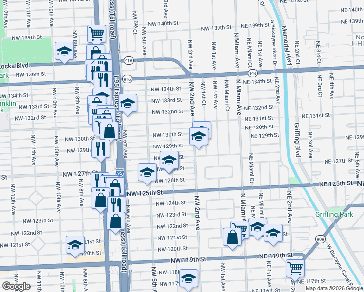 map of restaurants, bars, coffee shops, grocery stores, and more near 240 Northwest 129th Street in North Miami