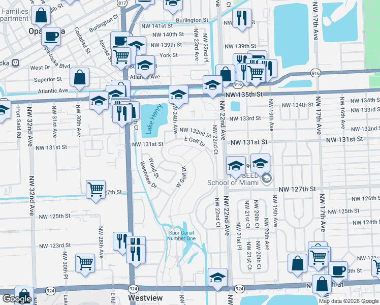 map of restaurants, bars, coffee shops, grocery stores, and more near 2281 East Golf Drive in Miami