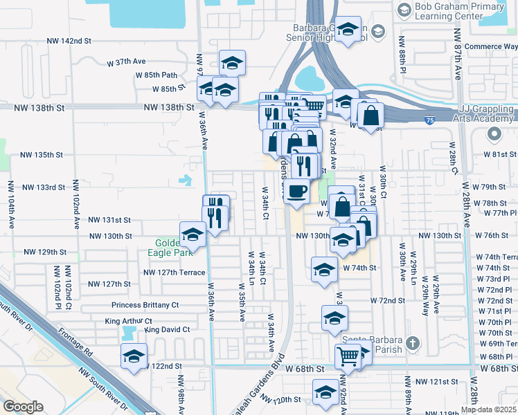 map of restaurants, bars, coffee shops, grocery stores, and more near 7778 West 34th Lane in Hialeah