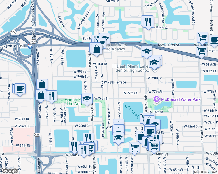 map of restaurants, bars, coffee shops, grocery stores, and more near 7764 West 14th Court in Hialeah