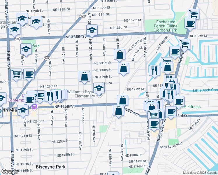map of restaurants, bars, coffee shops, grocery stores, and more near 1315 Northeast 127th Street in North Miami