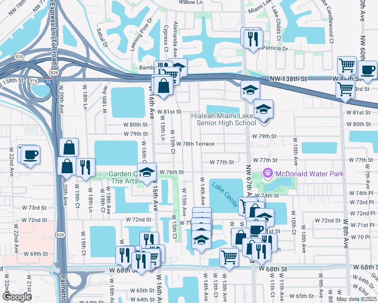 map of restaurants, bars, coffee shops, grocery stores, and more near 7764 West 14th Court in Hialeah