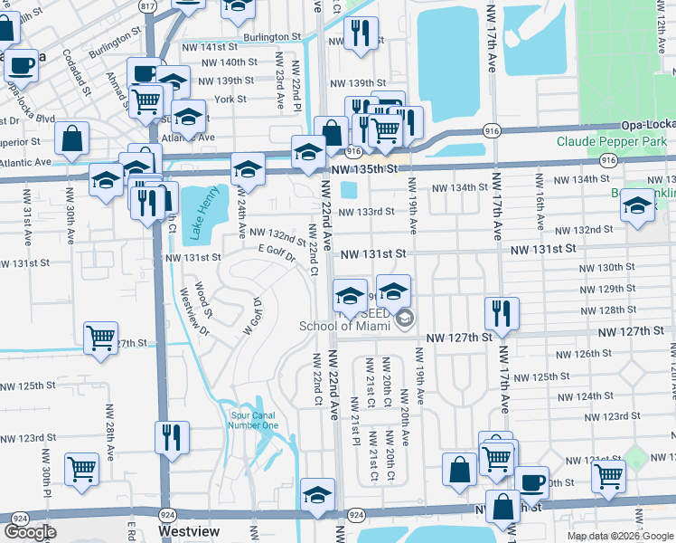 map of restaurants, bars, coffee shops, grocery stores, and more near 2195 Northwest 130th Street in Miami