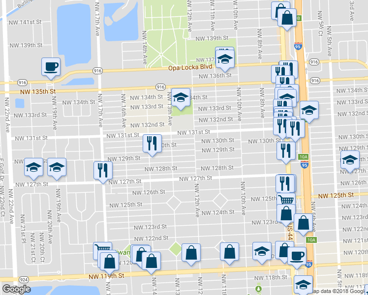 map of restaurants, bars, coffee shops, grocery stores, and more near 1240 Northwest 130th Street in North Miami