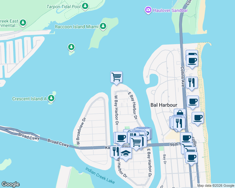 map of restaurants, bars, coffee shops, grocery stores, and more near 10281 West Bay Harbor Drive in Bay Harbor Islands