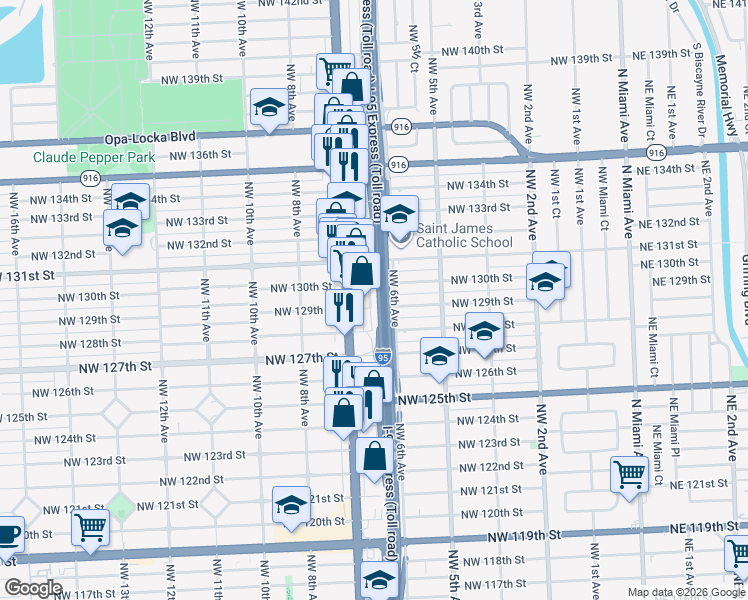 map of restaurants, bars, coffee shops, grocery stores, and more near 609 Northwest 129th Street in North Miami