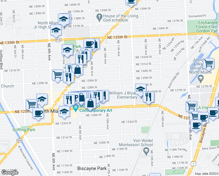 map of restaurants, bars, coffee shops, grocery stores, and more near 1010 Northeast 128th Street in North Miami