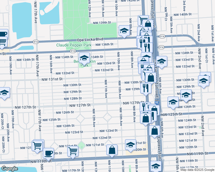 map of restaurants, bars, coffee shops, grocery stores, and more near 1085 Northwest 129th Street in North Miami