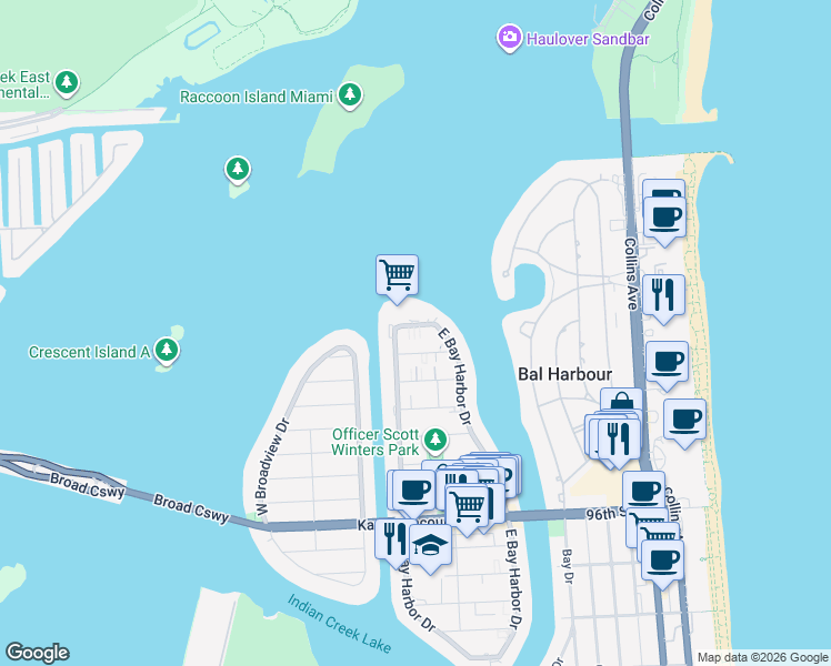 map of restaurants, bars, coffee shops, grocery stores, and more near 1150 103rd Street in Bay Harbor Islands