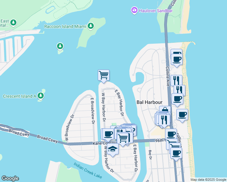map of restaurants, bars, coffee shops, grocery stores, and more near 10261 East Bay Harbor Drive in Bay Harbor Islands