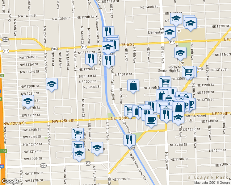 map of restaurants, bars, coffee shops, grocery stores, and more near 12800 Northeast 3rd Avenue in North Miami