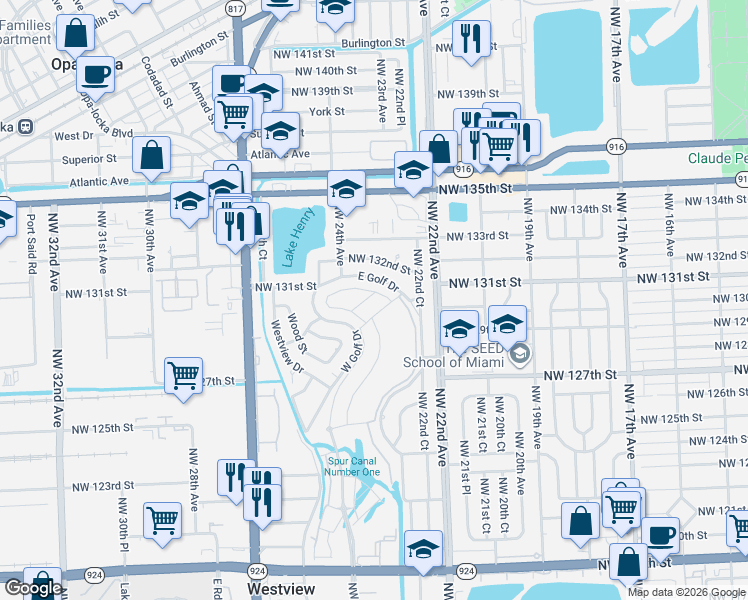 map of restaurants, bars, coffee shops, grocery stores, and more near 2281 East Golf Drive in Miami