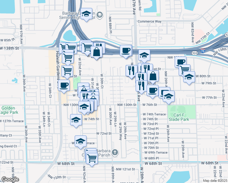 map of restaurants, bars, coffee shops, grocery stores, and more near 7777 West 29th Lane in Hialeah