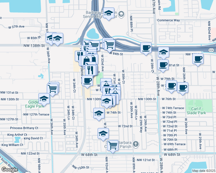 map of restaurants, bars, coffee shops, grocery stores, and more near 3173 West 77th Place in Hialeah