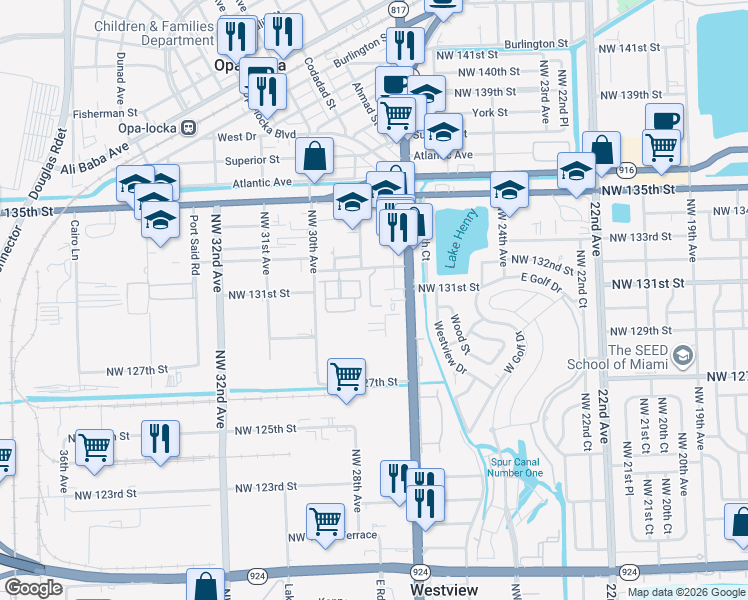 map of restaurants, bars, coffee shops, grocery stores, and more near 2764 Northwest 131st Street in Opa-locka