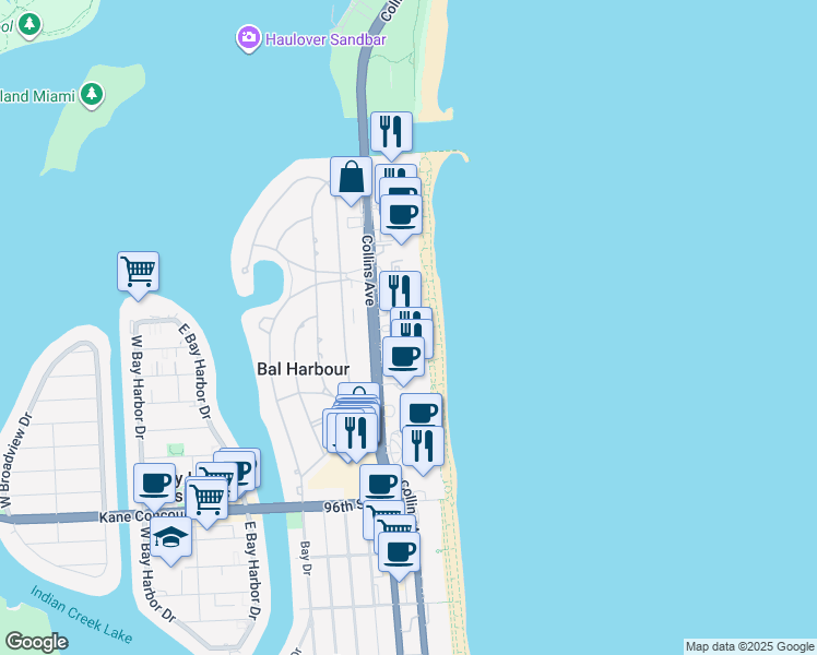 map of restaurants, bars, coffee shops, grocery stores, and more near 10155 Collins Avenue in Bal Harbour