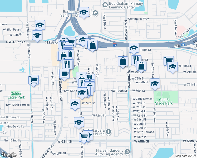 map of restaurants, bars, coffee shops, grocery stores, and more near 7755 West 30th Court in Hialeah