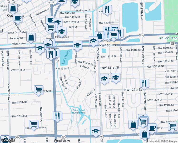 map of restaurants, bars, coffee shops, grocery stores, and more near 13030 Northwest 22nd Court in Miami