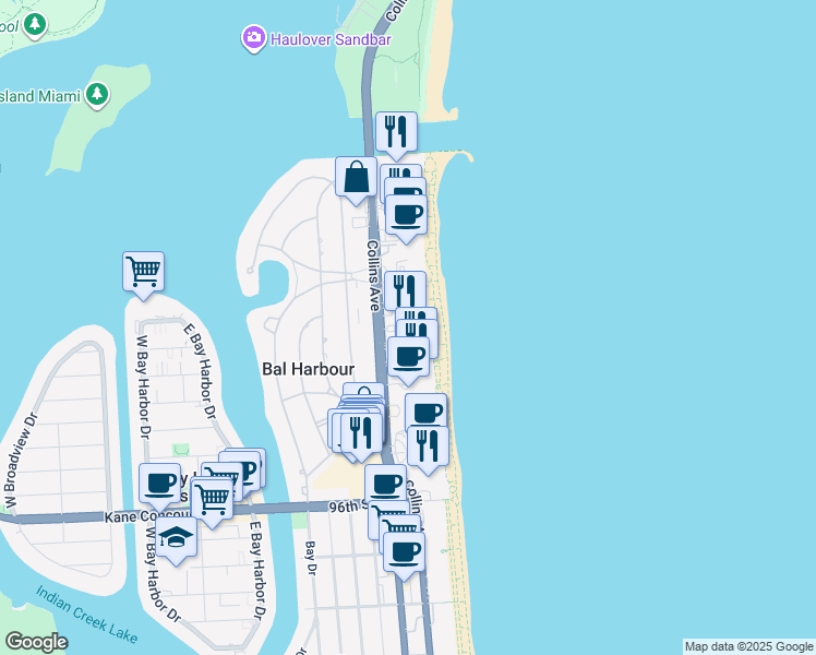map of restaurants, bars, coffee shops, grocery stores, and more near 10155 Collins Avenue in Bal Harbour