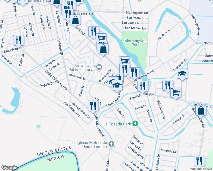 map of restaurants, bars, coffee shops, grocery stores, and more near 537 Manzano Street in Brownsville