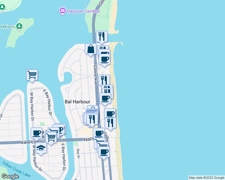 map of restaurants, bars, coffee shops, grocery stores, and more near Atlantic Way in Bal Harbour