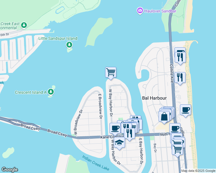 map of restaurants, bars, coffee shops, grocery stores, and more near 10321 East Broadview Drive in Bay Harbor Islands